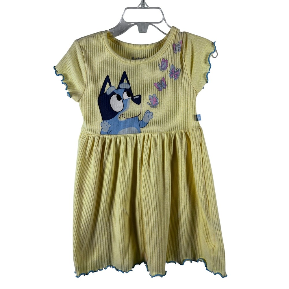 Bluey Ribbed Skater Dress 3T Yellow Butterfly Lettuce Trim Toddler Girls